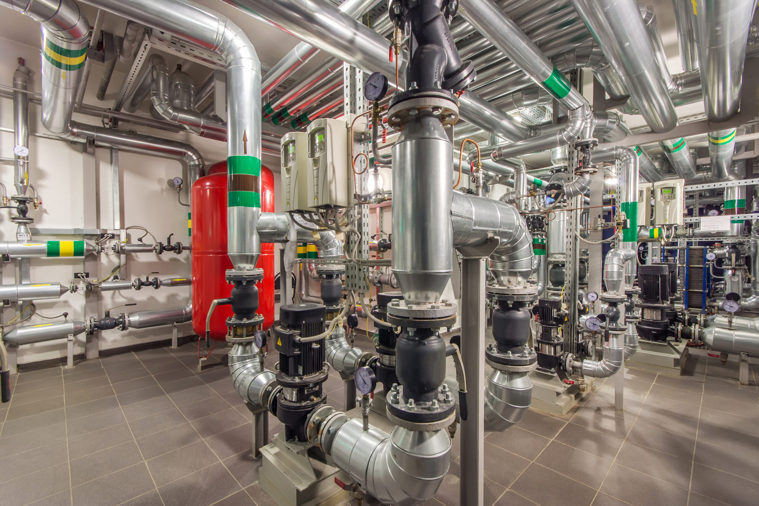 Central heating system in the basement of an large building.